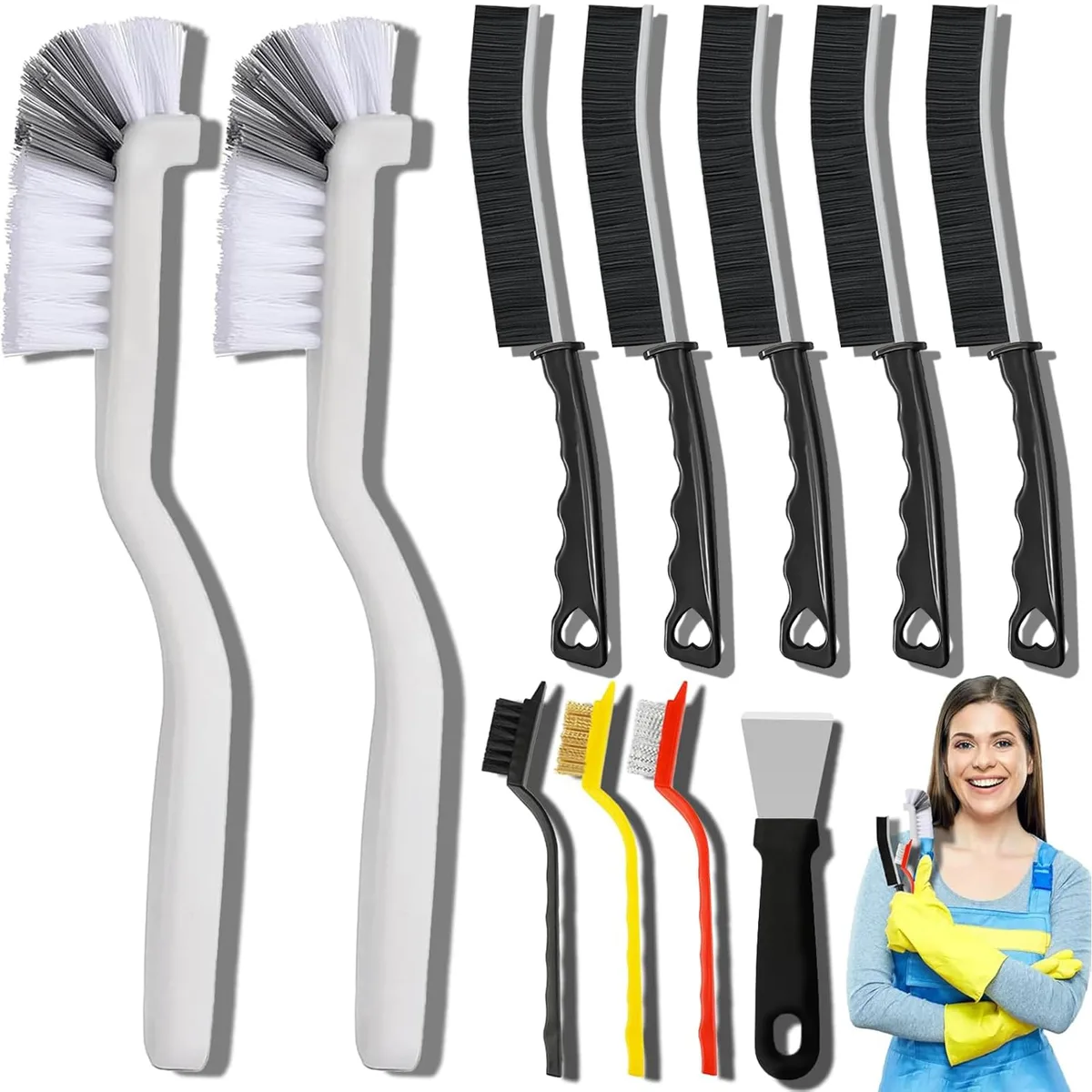 Eleven-piece crevice cleaning brush set in plastic packaging