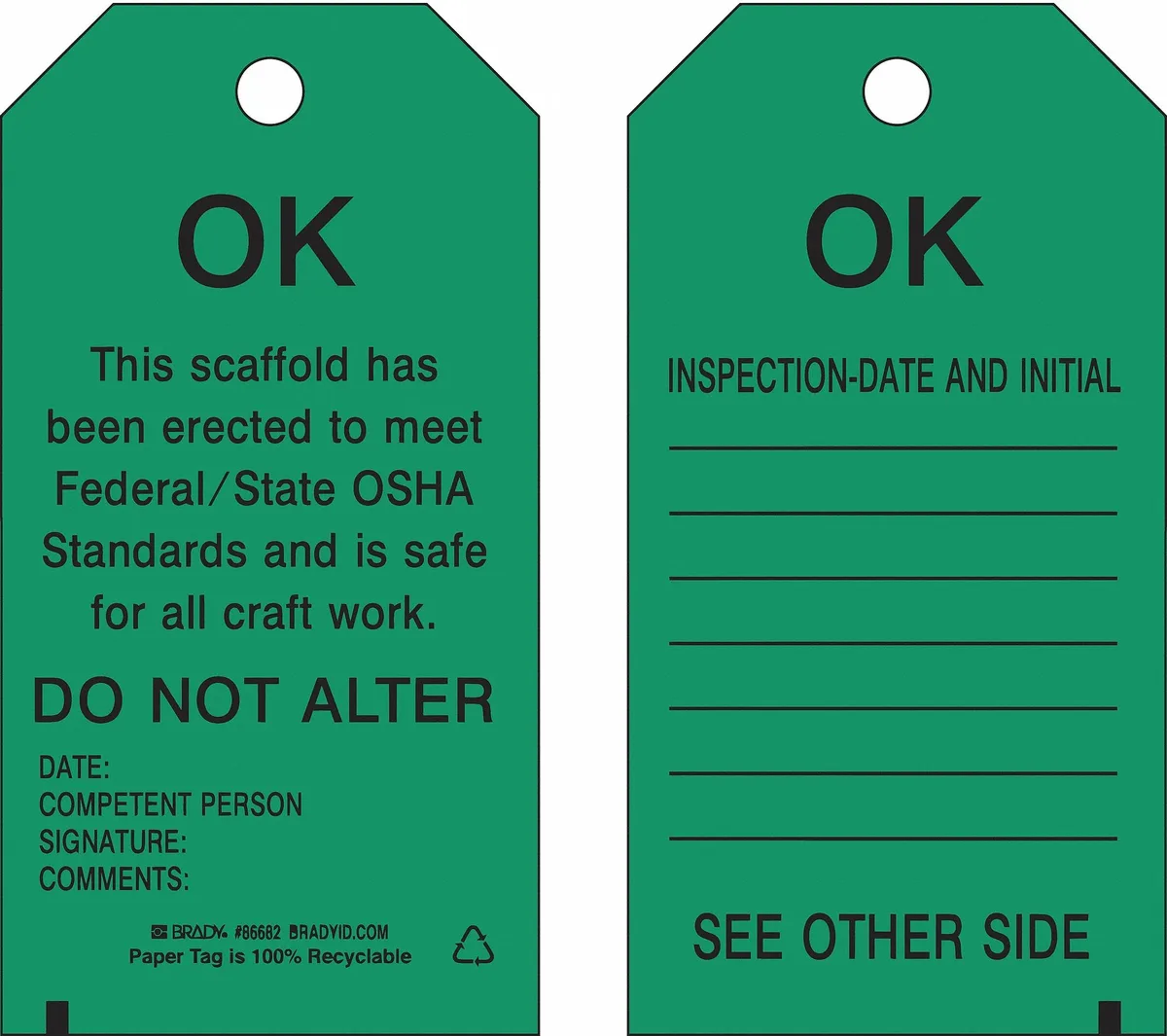 Ten rectangular polyester scaffold tags with black and green print, front and back inspection fields, pack of 10