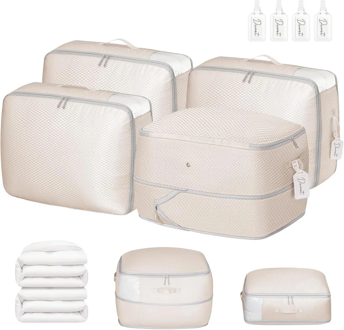 Four rectangular fabric storage bags with clear windows and handles stacked together
