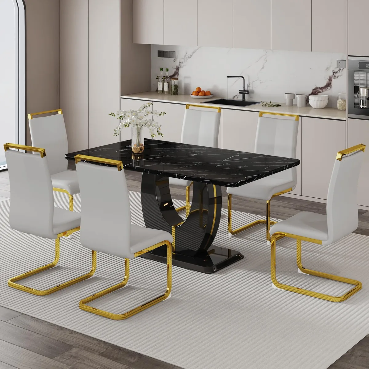Sumdeal Sumdeal 63" Black Faux Marble Dining Set 7 Piece with 6 Light Gray C-Shaped Chairs Golden Legs — product photo