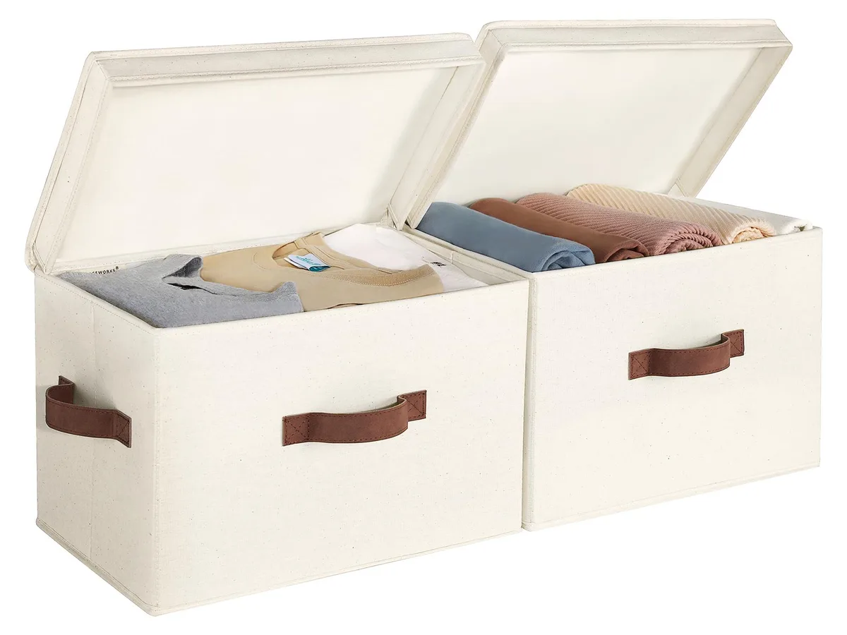 Ivory fabric storage bins with flip-top lids, collapsible, stackable, 12 pack