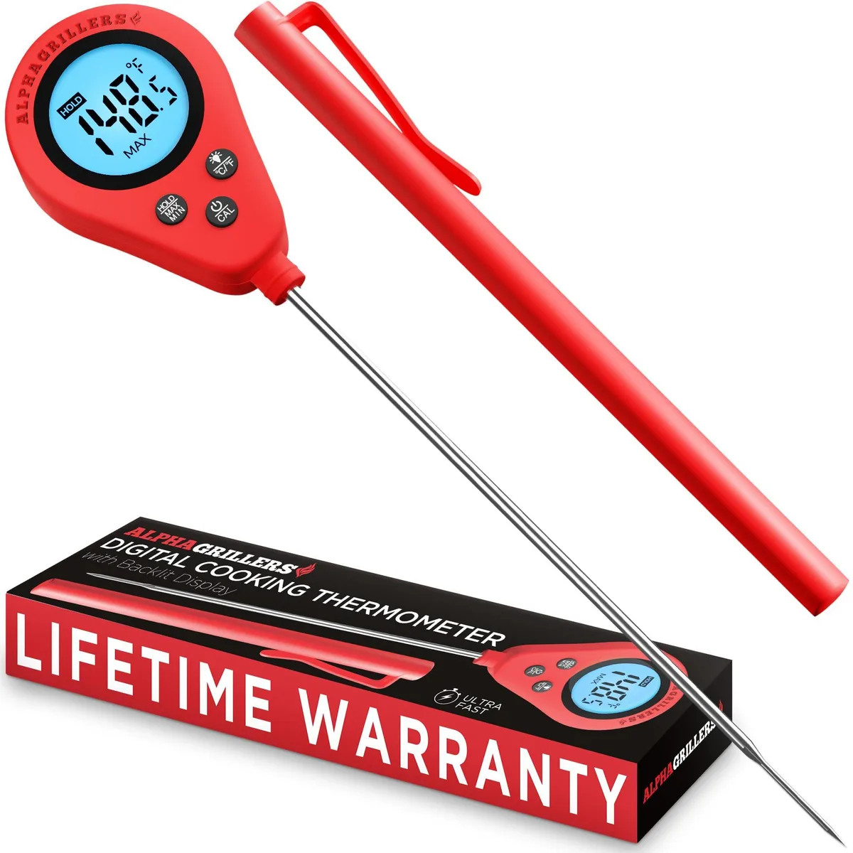 Red digital instant-read thermometer with long probe IP66