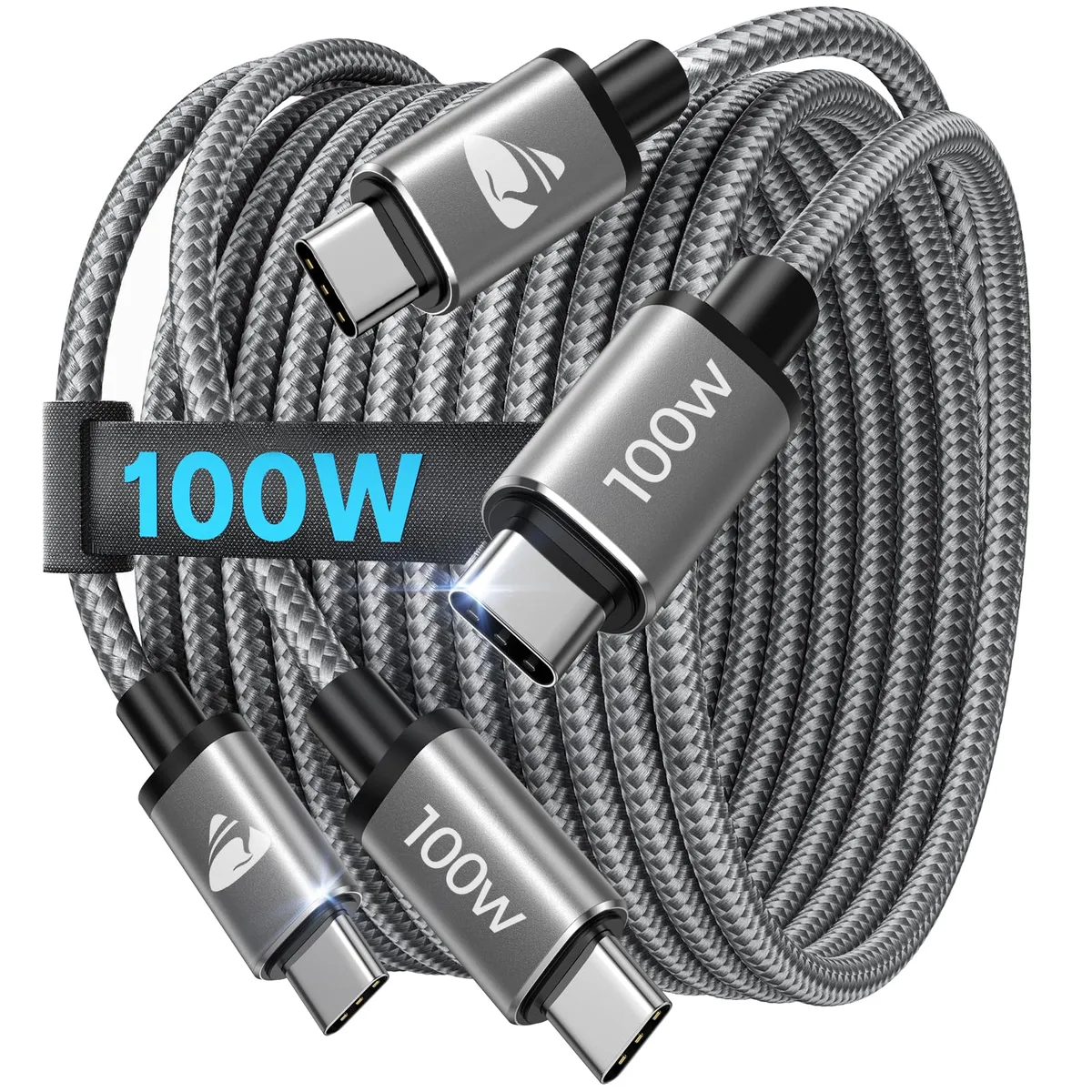 Two silver-grey braided USB-C cables coiled side by side