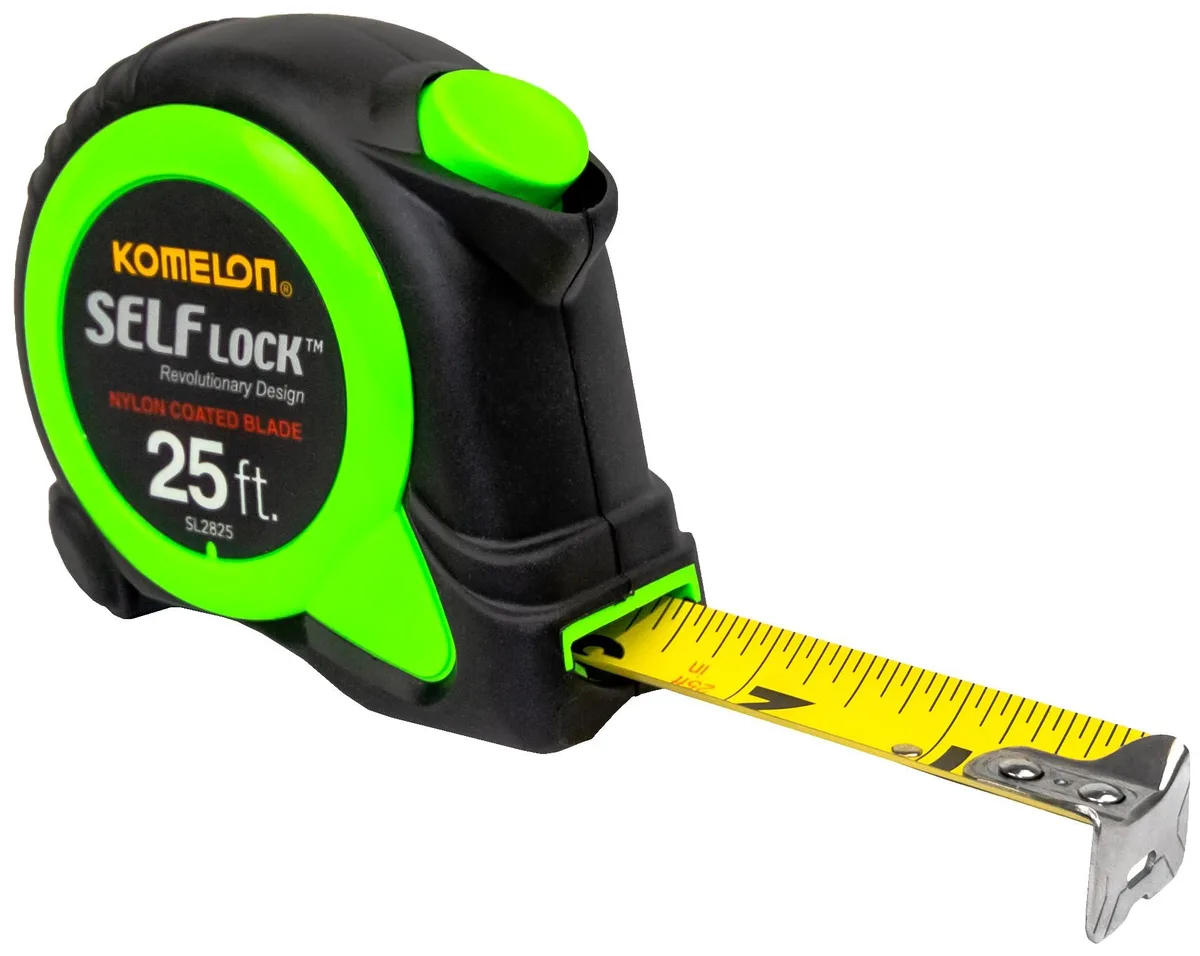 Yellow 25-foot tape measure with rubber grip and self-locking blade