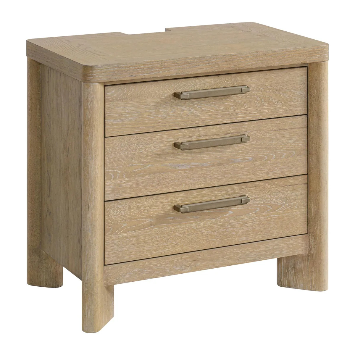 Tan solid wood nightstand with three drawers, 28.0" wide, 17.0" deep, 26.0" high