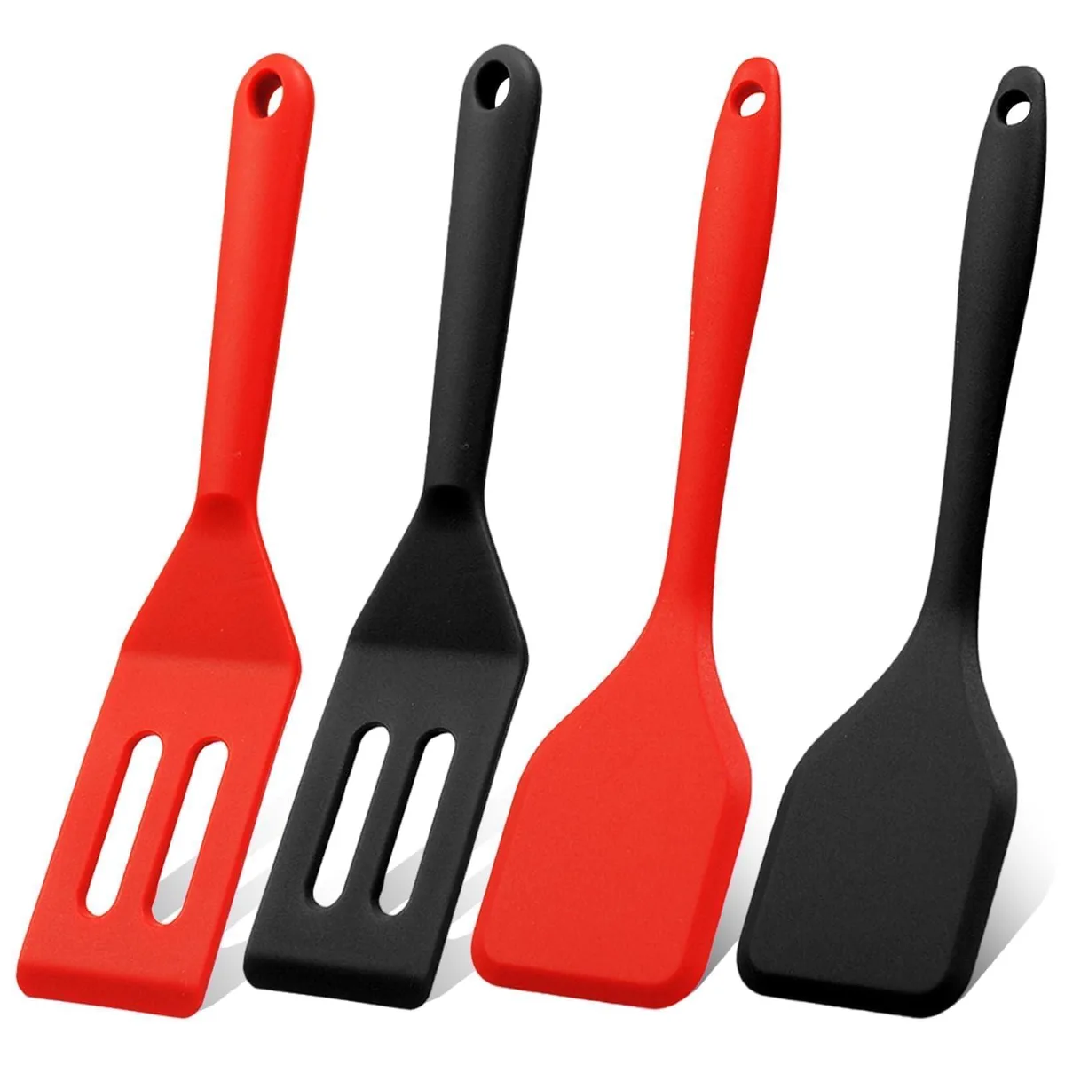 Four mini silicone spatulas, red and black, flexible heads with handle holes
