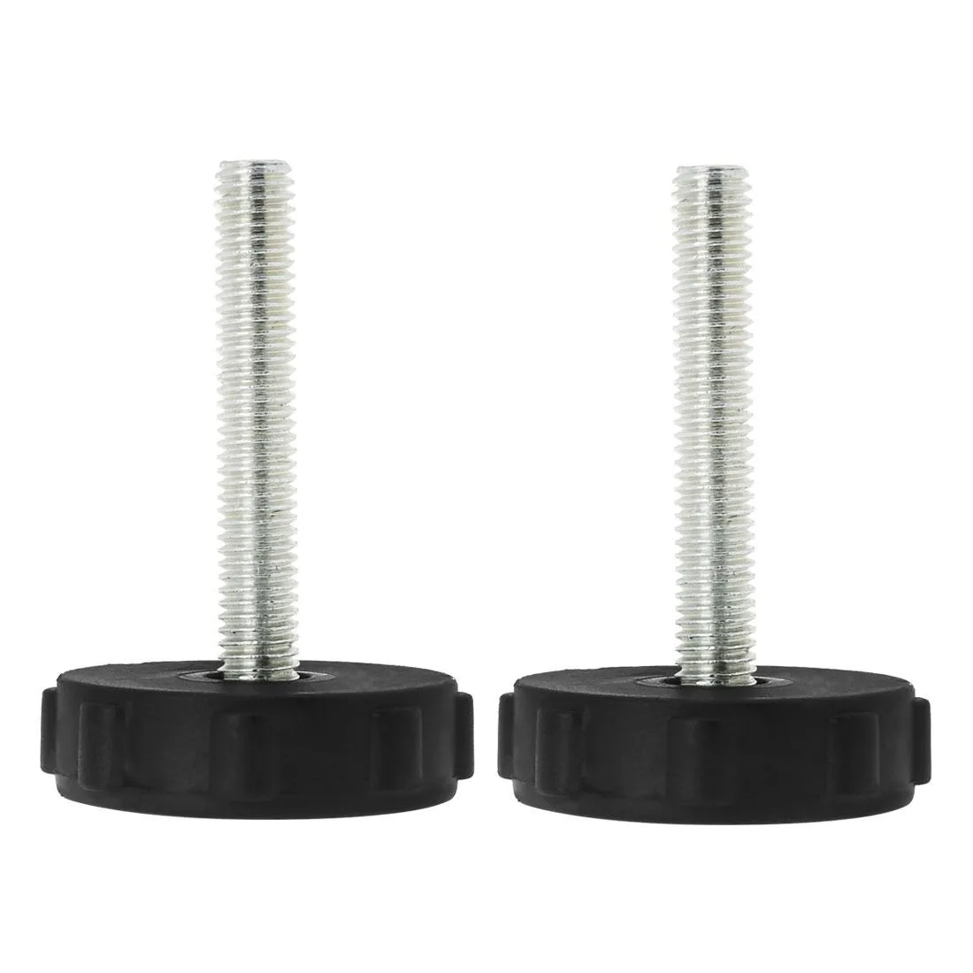 Two adjustable metal feet with black plastic bases and threaded silver stems
