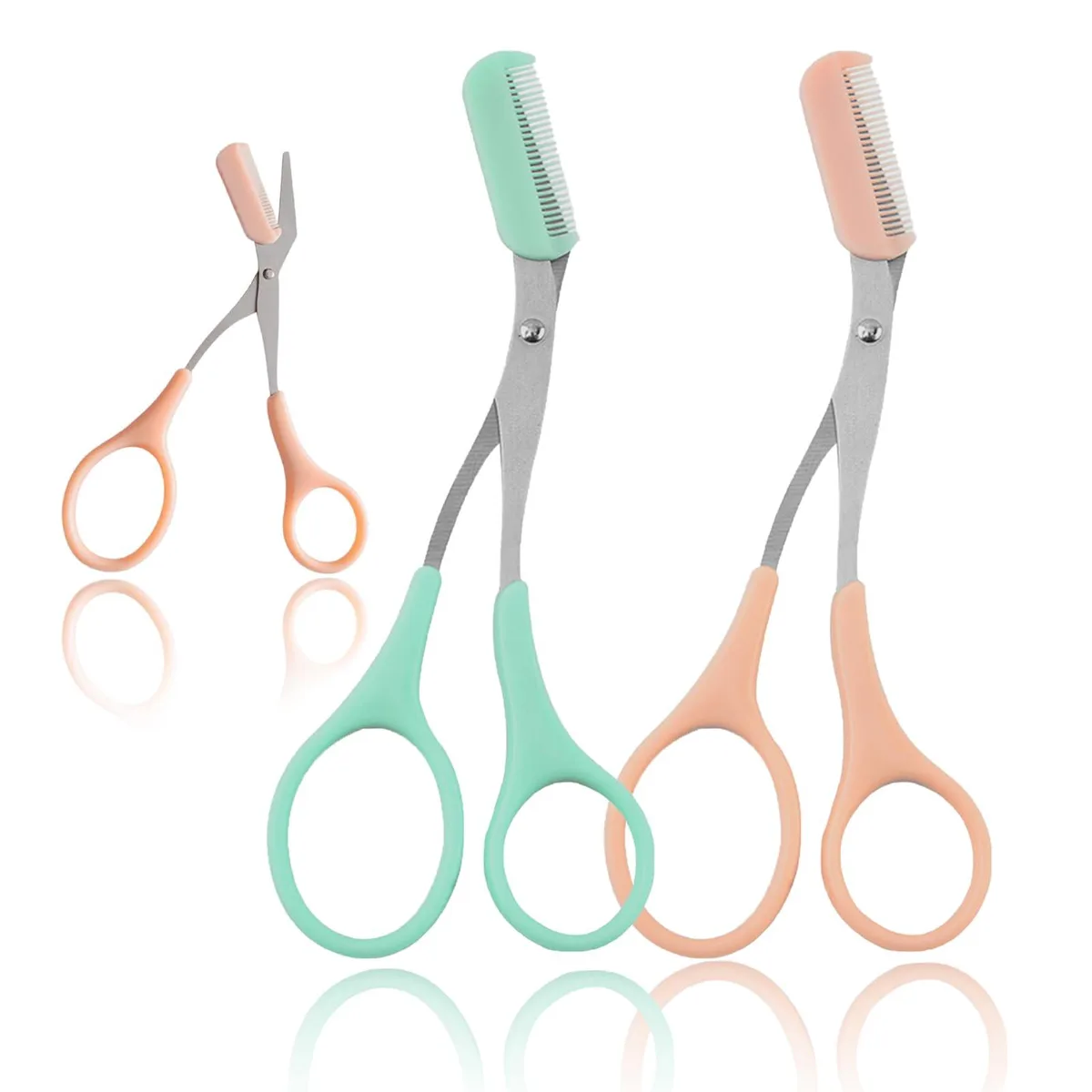 Two blue eyebrow scissors with detachable comb heads, stainless steel blades, plastic handles