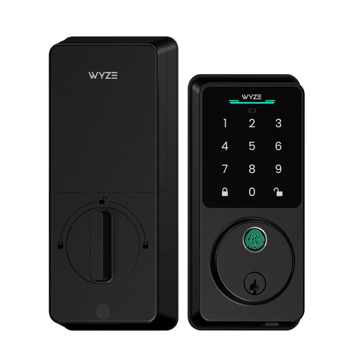 Black rectangular smart deadbolt with fingerprint sensor and keypad, 7.09 by 2.93 by 1.41 inches