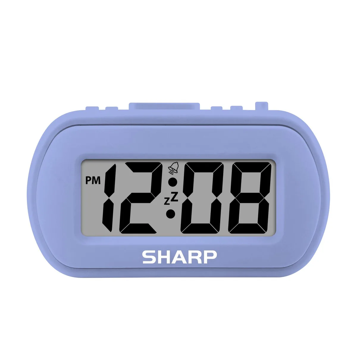Lavender digital alarm clock with soft rubberised finish and large LCD display