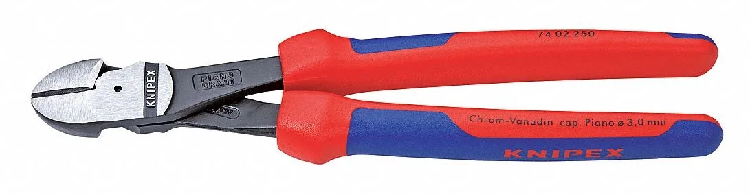 Red and blue 10 inch diagonal cutting pliers with ergonomic grips