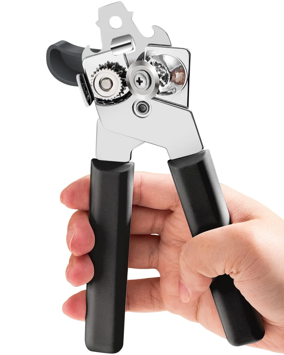 Black manual can opener with ergonomic handles, 18 cm