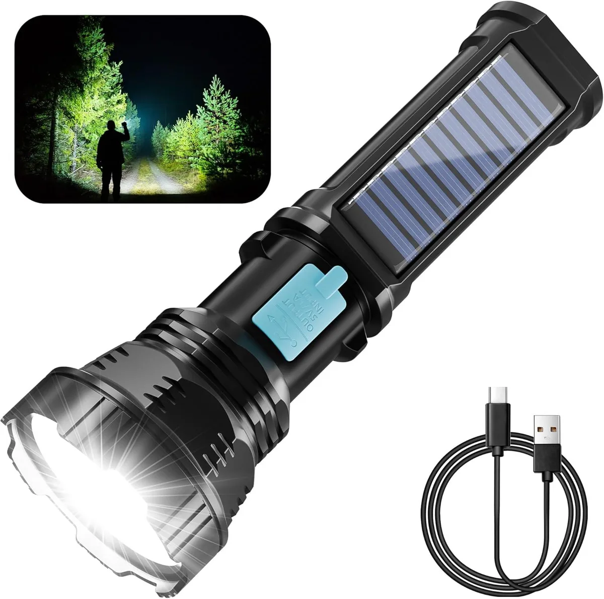 Handheld solar flashlight with side light and USB port