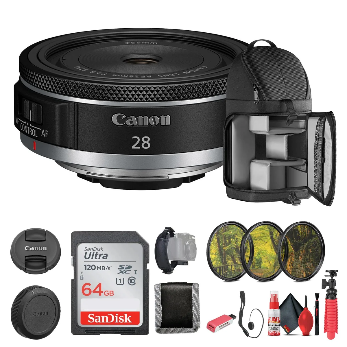 Canon Canon RF 28mm f/2.8 STM Lens Bundle with 64GB Card, Filters, Backpack, Tripod — product photo