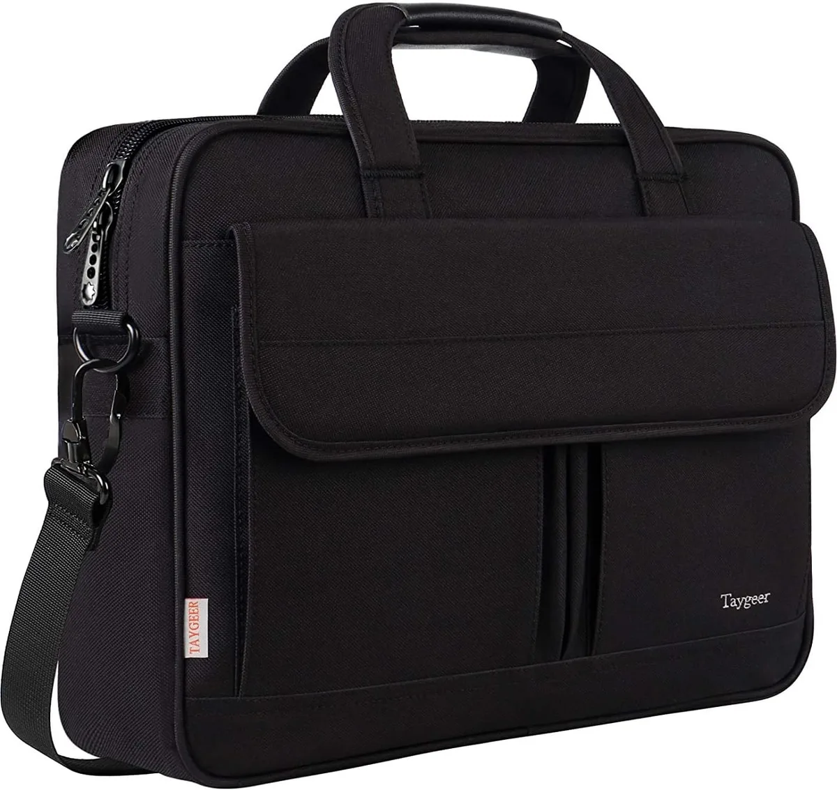 Black 15.6 inch laptop briefcase with leather handle, detachable shoulder strap and luggage pass-through strap