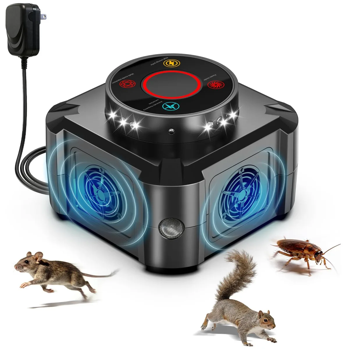 White plug-in pest repeller with 12 LED lights and mode buttons