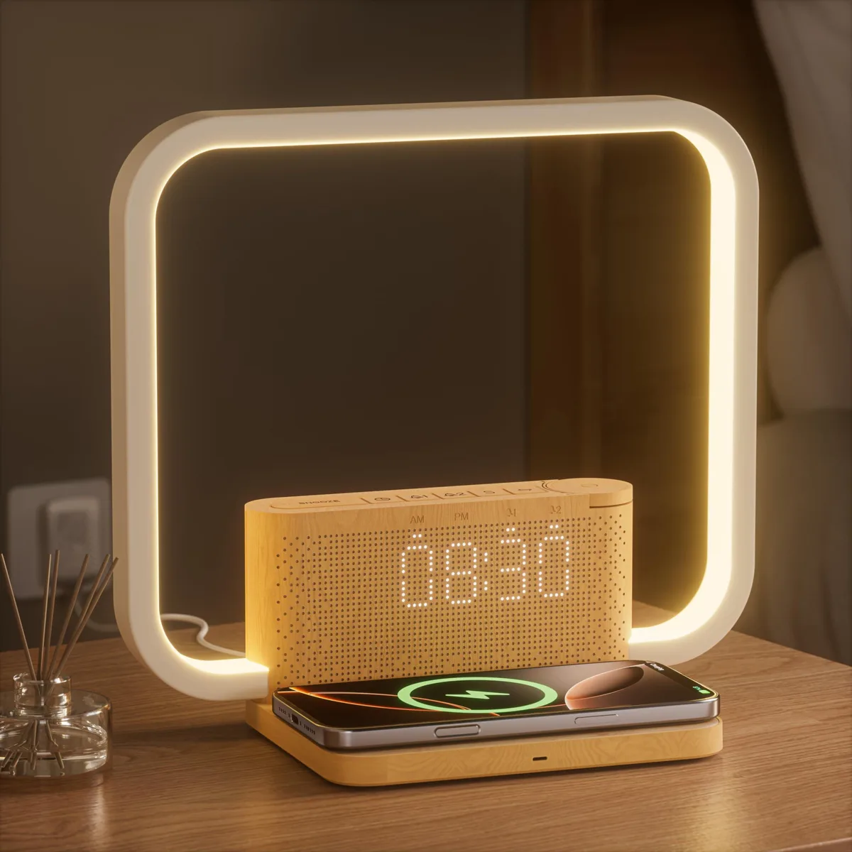  Howard Miller AJ310-wood Sunrise Alarm Clock 10-in-1 Wireless Charging Dual Alarm 12/24h Display — product photo