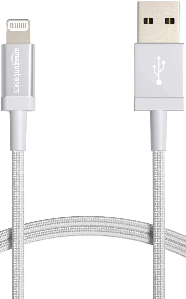 Silver nylon-braided Lightning cable with USB-A connector, six feet long
