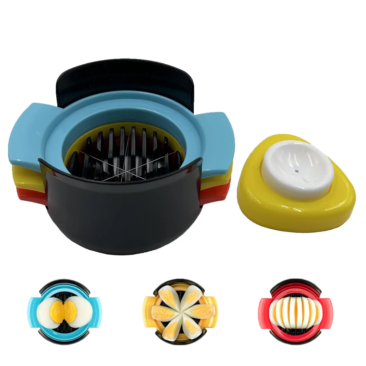 Yellow and grey plastic egg slicer with stainless steel wires and built-in piercer