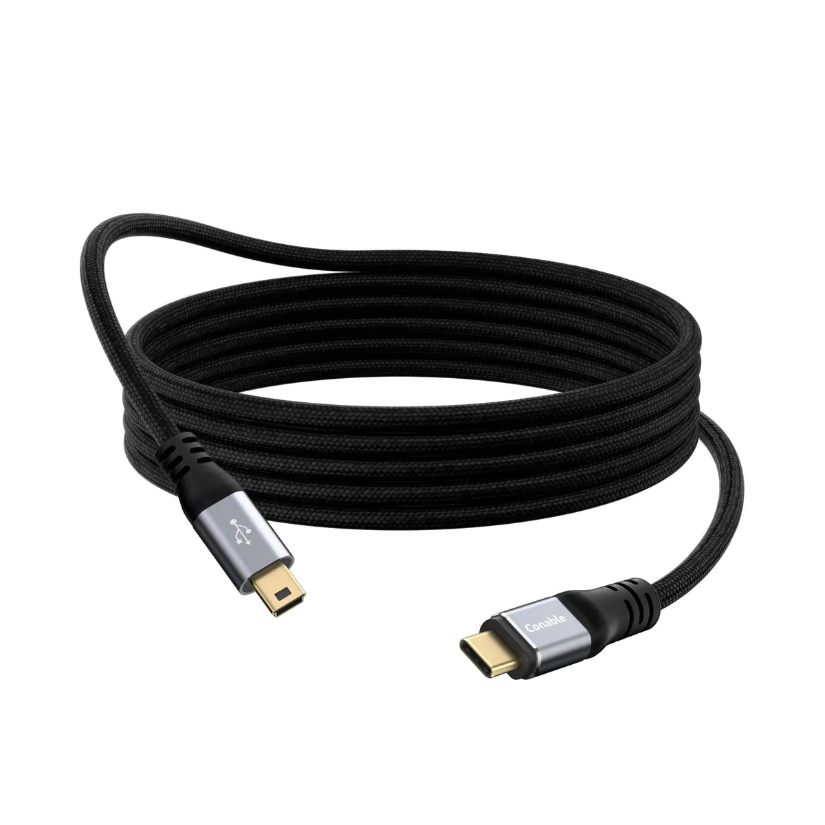 Black USB-C to Mini-B cable three feet long with nylon jacket and gold connectors