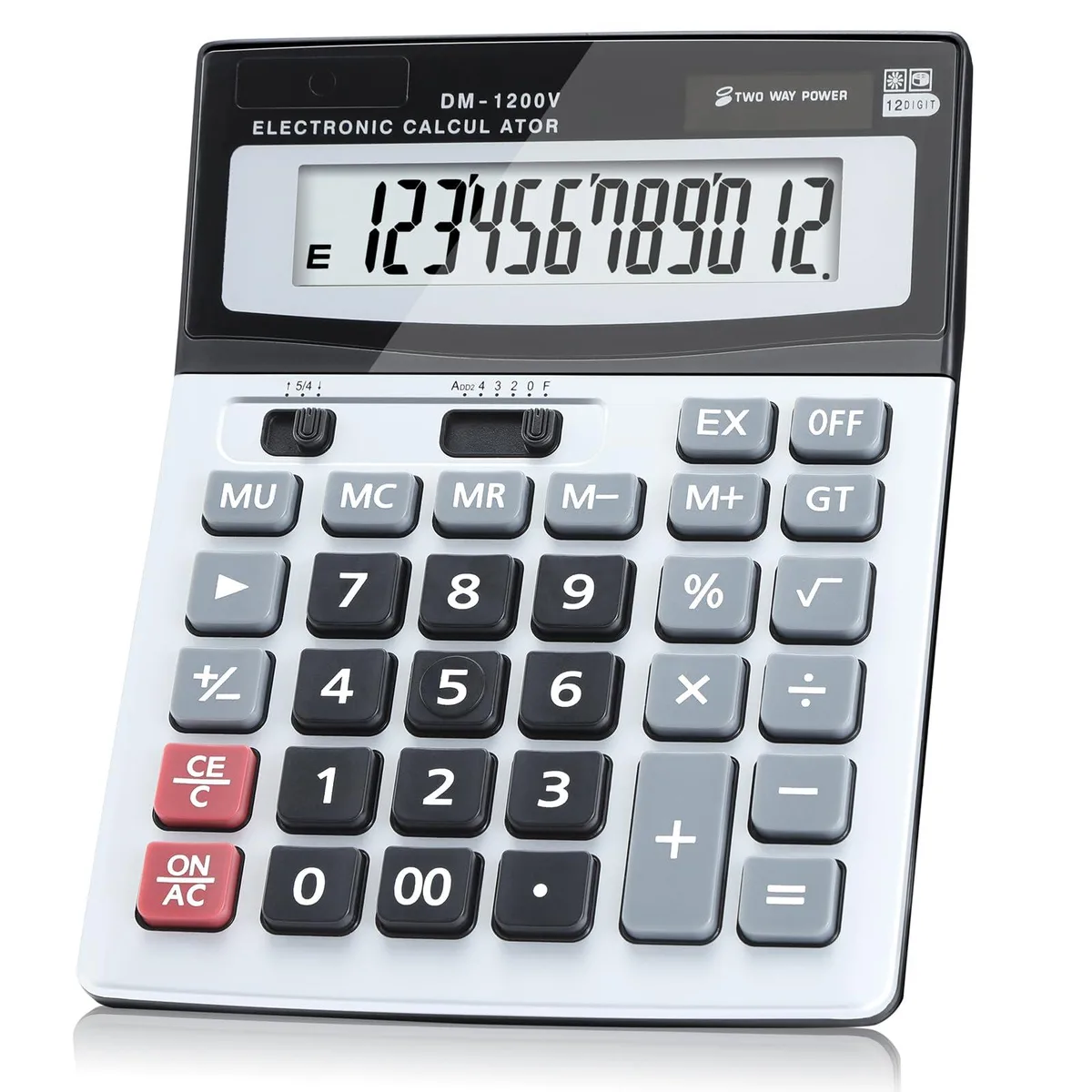 Pink desktop calculator with large LCD display, metal finish, solar and battery powered, 12-digit screen