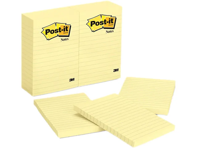 Twelve canary yellow lined sticky note pads in a pack