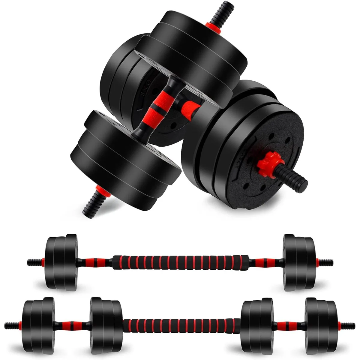 Black adjustable dumbbell set with 12 weight plates, connector bar, spinlock collars and push-up stands