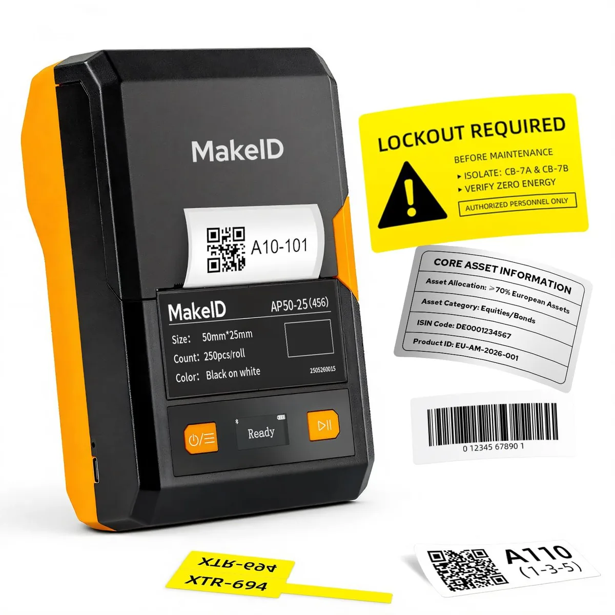 Orange handheld thermal label printer with small display, compact rectangular shape, pre-installed cartridge visible
