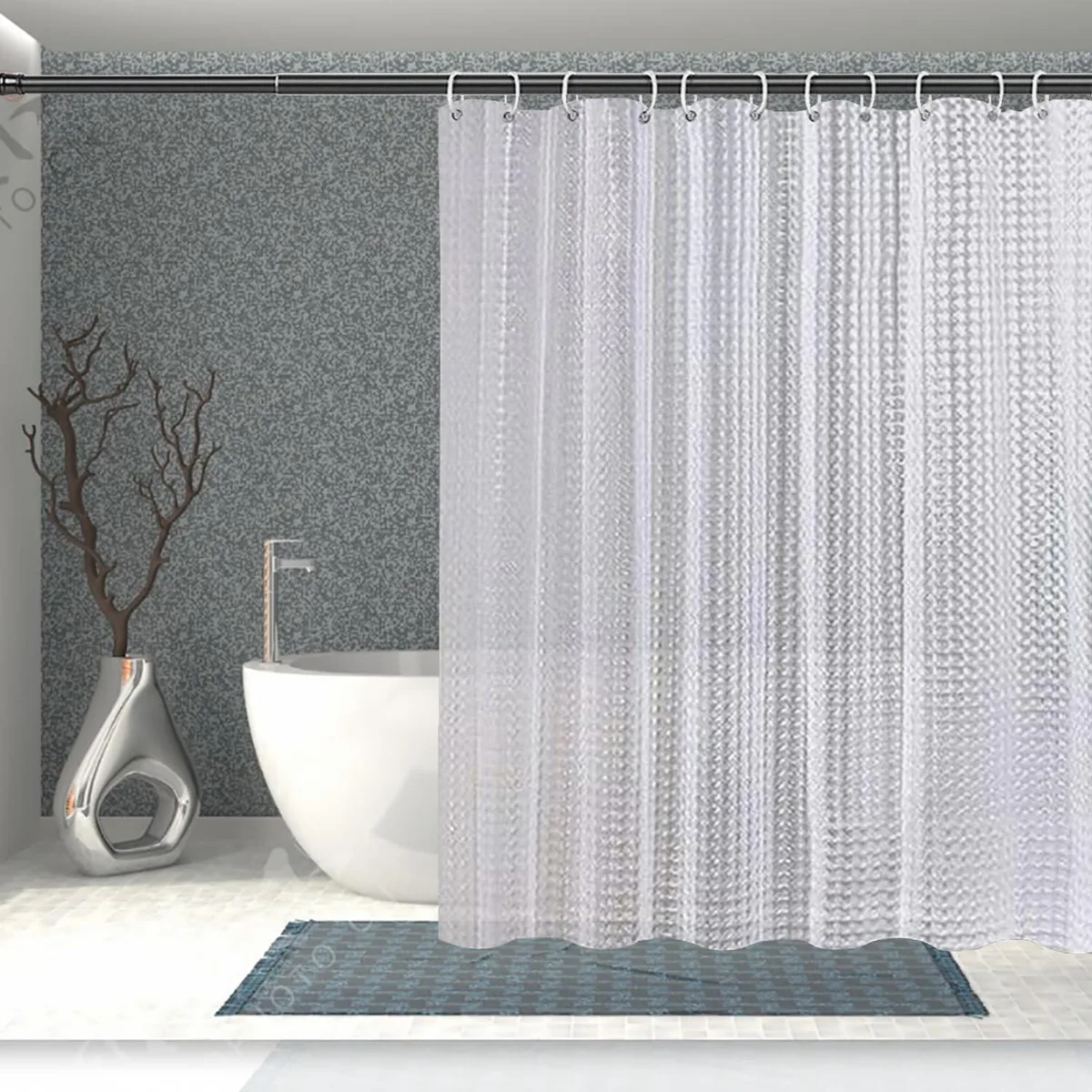 Clear square-patterned EVA shower curtain liner with twelve rustproof metal grommets and three weighted bottom magnets