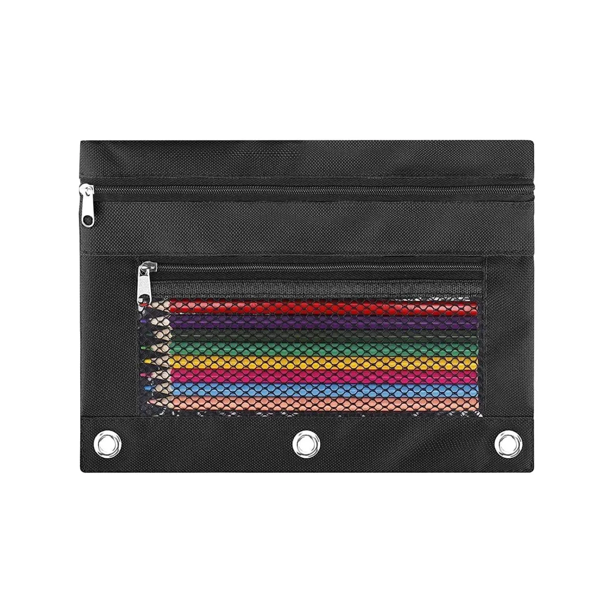 Rectangular nylon binder pouch with clear front window and two zippered compartments