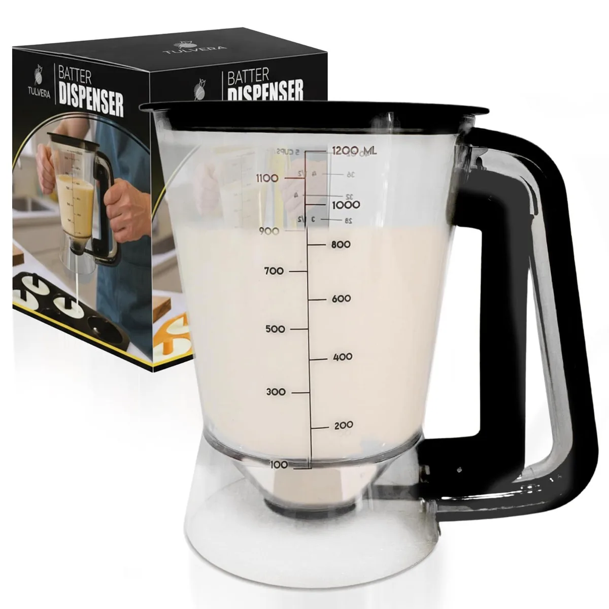 Black batter dispenser with squeeze handle and measurement markings