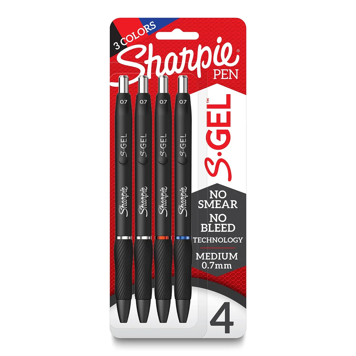 Four retractable gel pens with black barrels and rubber grips in assorted ink colors