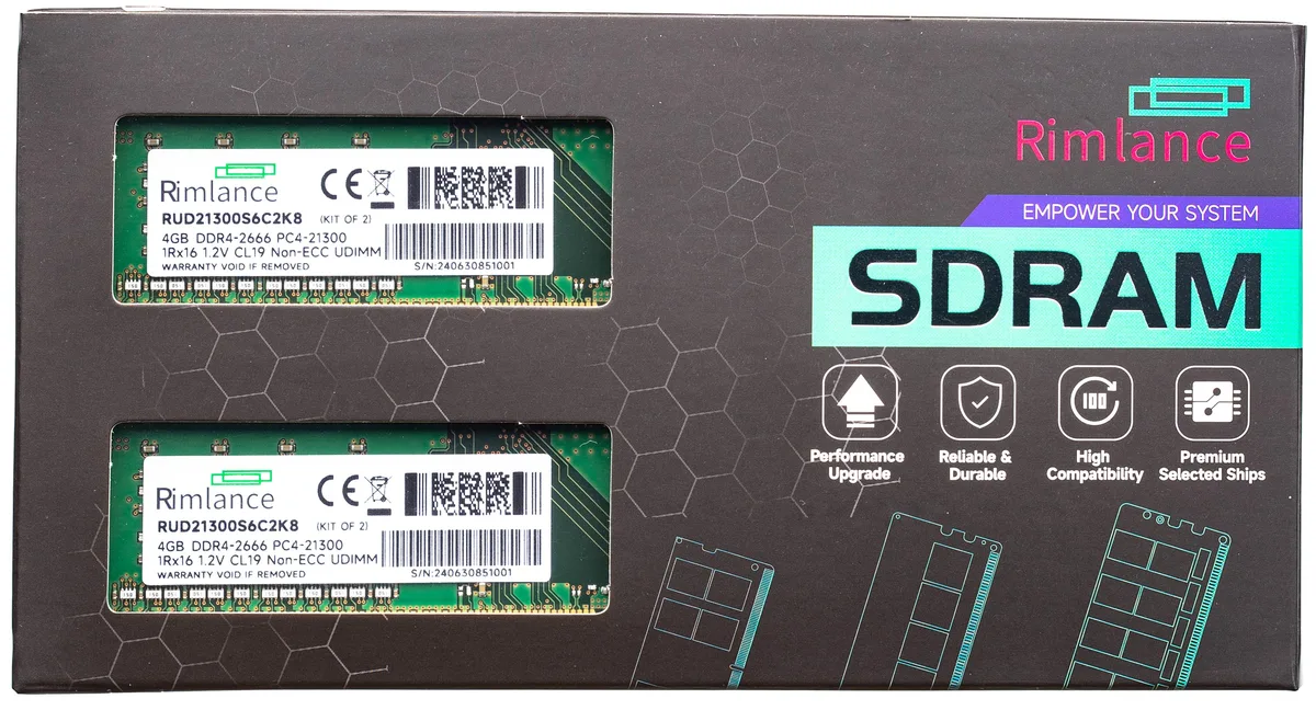 RIMLANCE RIMLANCE 8GB (2x4GB) DDR4 2666MHz CL19 UDIMM 1Rx16 desktop RAM — product photo