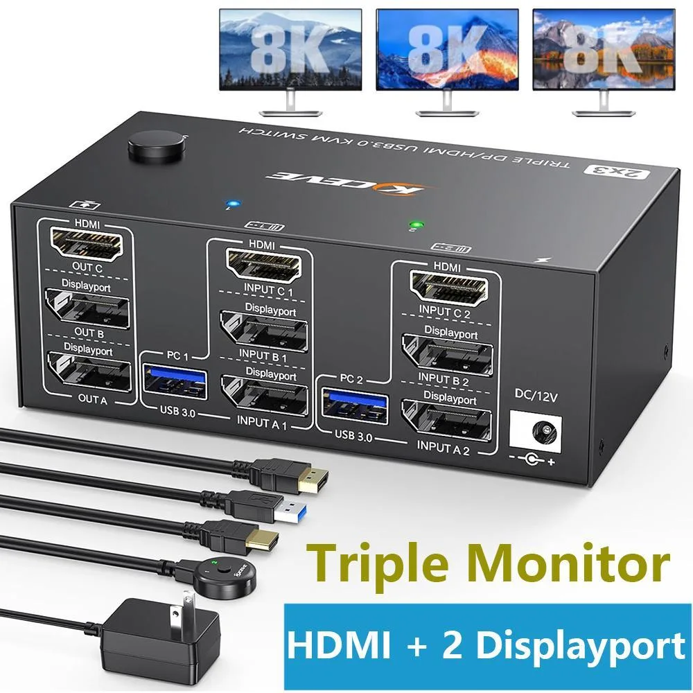 WRIARICH WRIARICH Triple Monitor KVM Switch 2 DP + HDMI 8K@60Hz 4K@144Hz Wired Remote — product photo