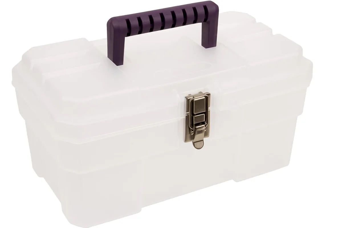Clear plastic 14-inch toolbox with removable tray and steel latch