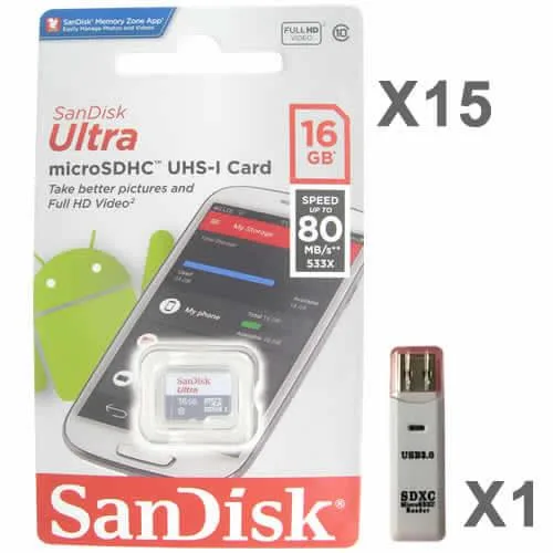 SanDisk SanDisk Ultra 16GB microSDHC Class 10 15-pack with USB reader — product photo