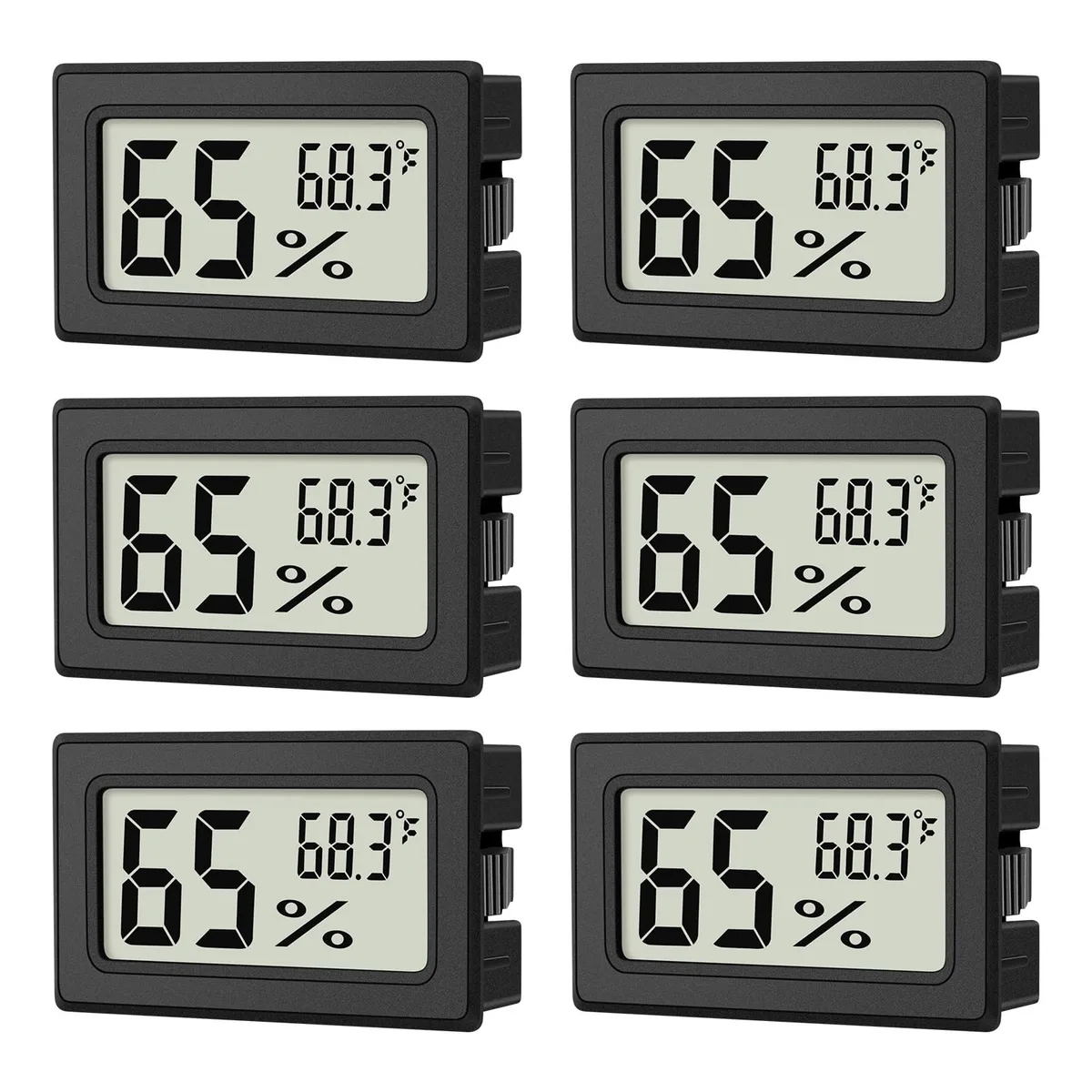 Six small black digital thermometer hygrometers with LCD screens