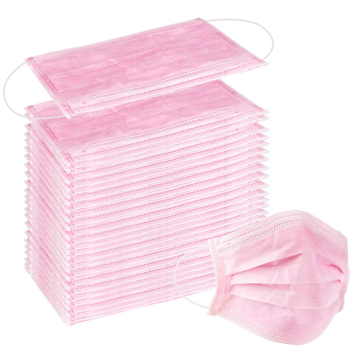 Box of 100 pink disposable three-ply face masks with ear loops and nose wire