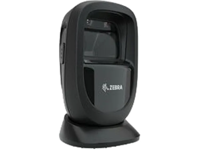 Black fixed-position barcode scanner, rectangular with curved edges, 5.70 by 3.40 by 3.30 inches