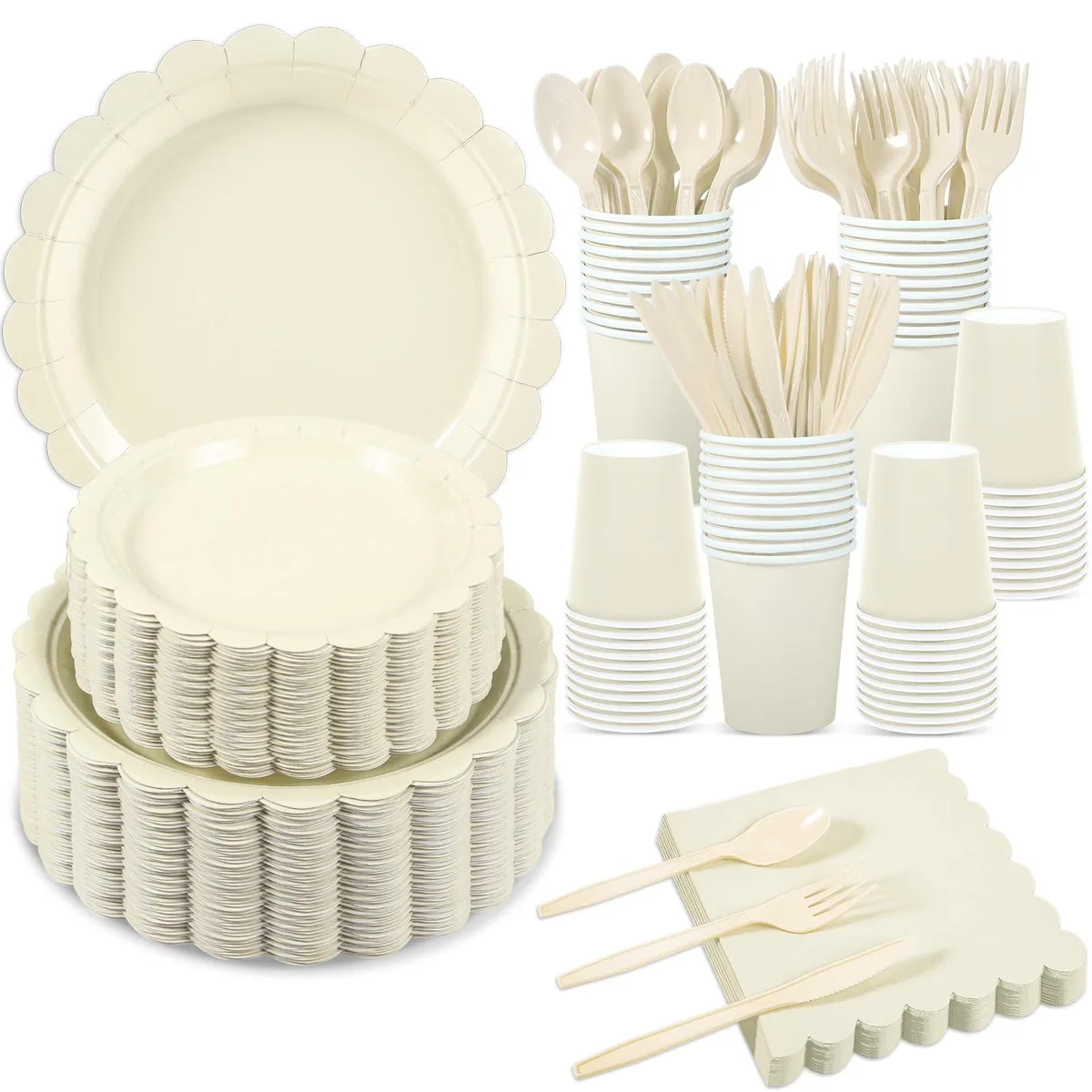 White ceramic dinnerware set with scalloped rims, 350 pieces for 50 guests