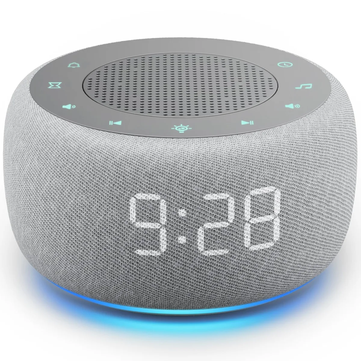 Compact white alarm clock with digital display and sound machine controls