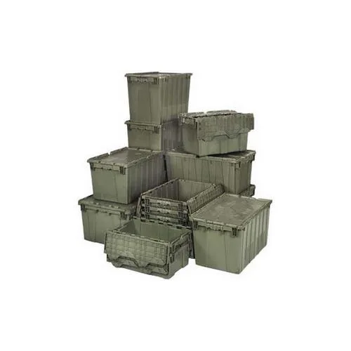 Gray plastic attached-lid tote, 21 by 15 by 12 inches, stackable and nestable
