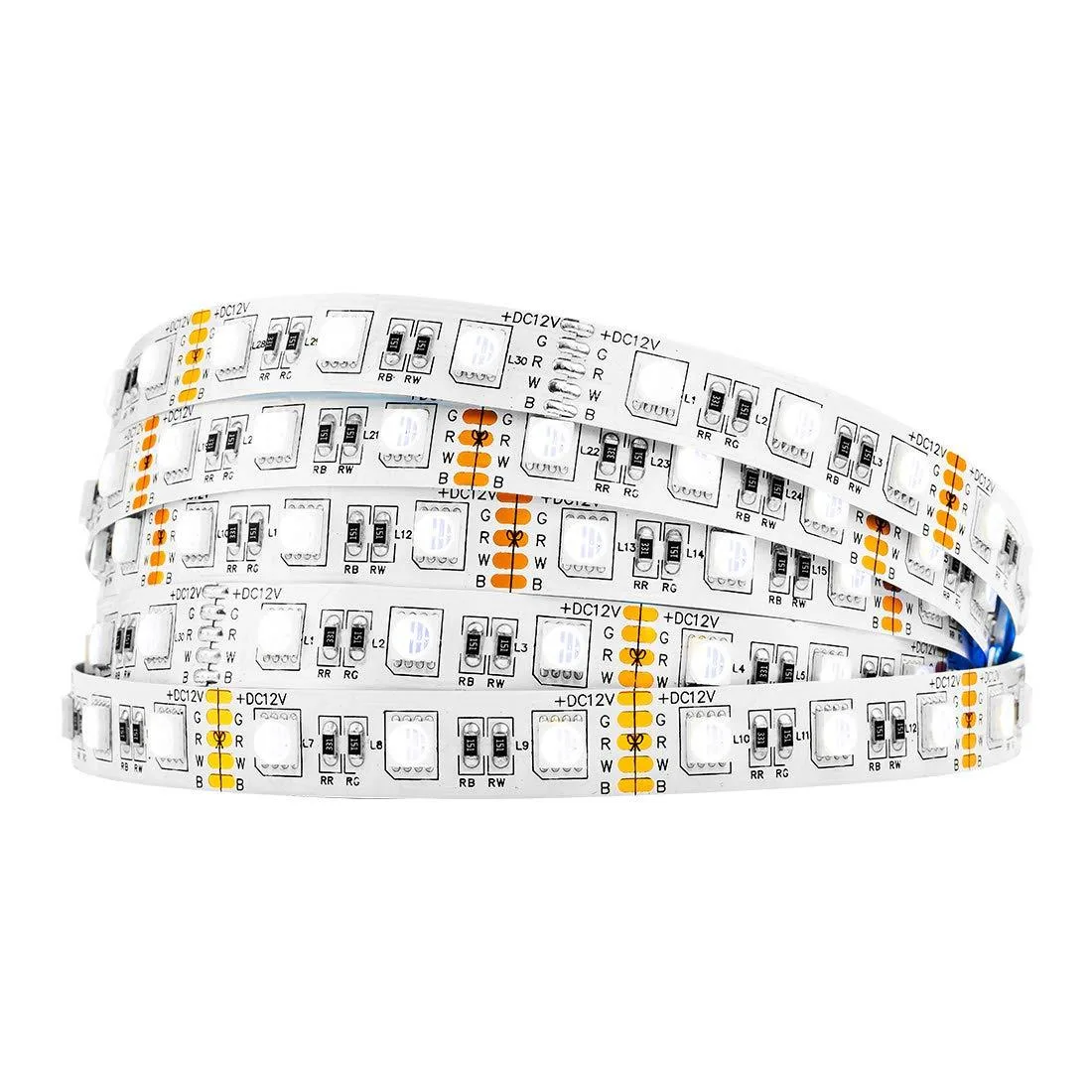 White flexible LED strip on reel, 12mm wide, 16.4ft length, RGB plus cool white LEDs