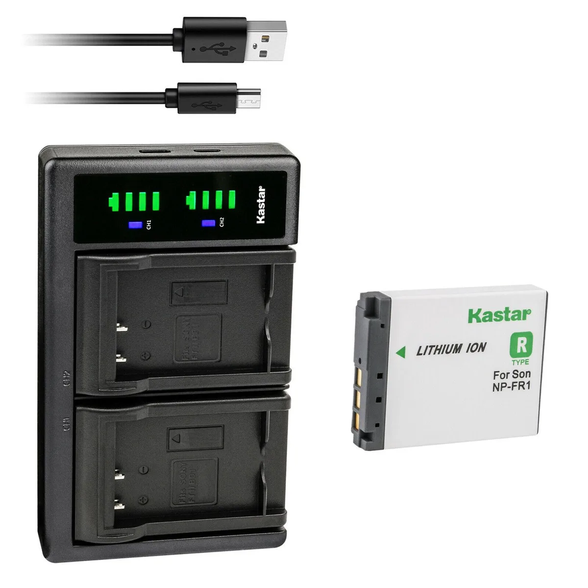 Kastar Kastar NP-FR1 1250 mAh 3.6 V Li-Ion camera battery with LTD2 dual USB charger — product photo