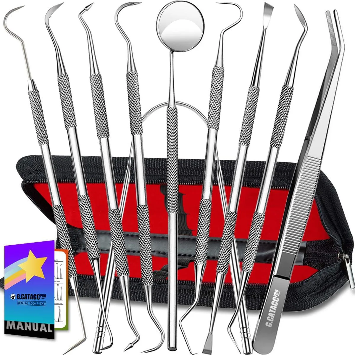 White 10-piece stainless steel dental tool set in a portable case