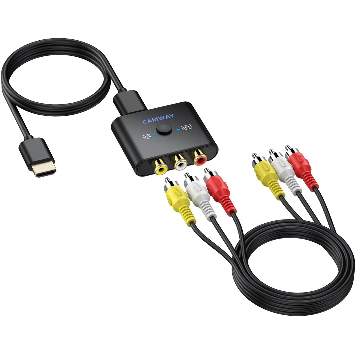 CAMWAY CAM058USV RCA to HDMI media converter 1080P 60Hz 1.5ft HDMI 3.2ft AV 1.8ft USB power — product photo