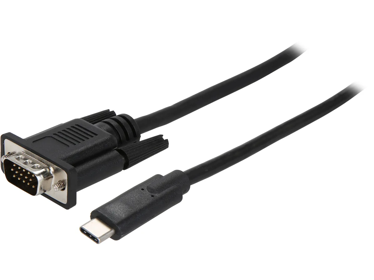 Black USB-C to VGA adapter cable with reversible USB-C plug and blue 15-pin VGA connector, 2m length
