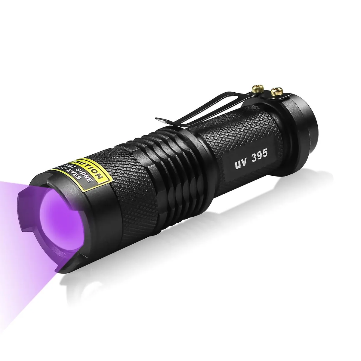 Small cylindrical aluminium UV torch, 3.6 inches long, matte finish, pocket clip