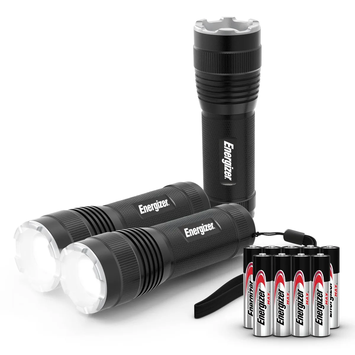 Three cylindrical metal flashlights with lanyards in a pack