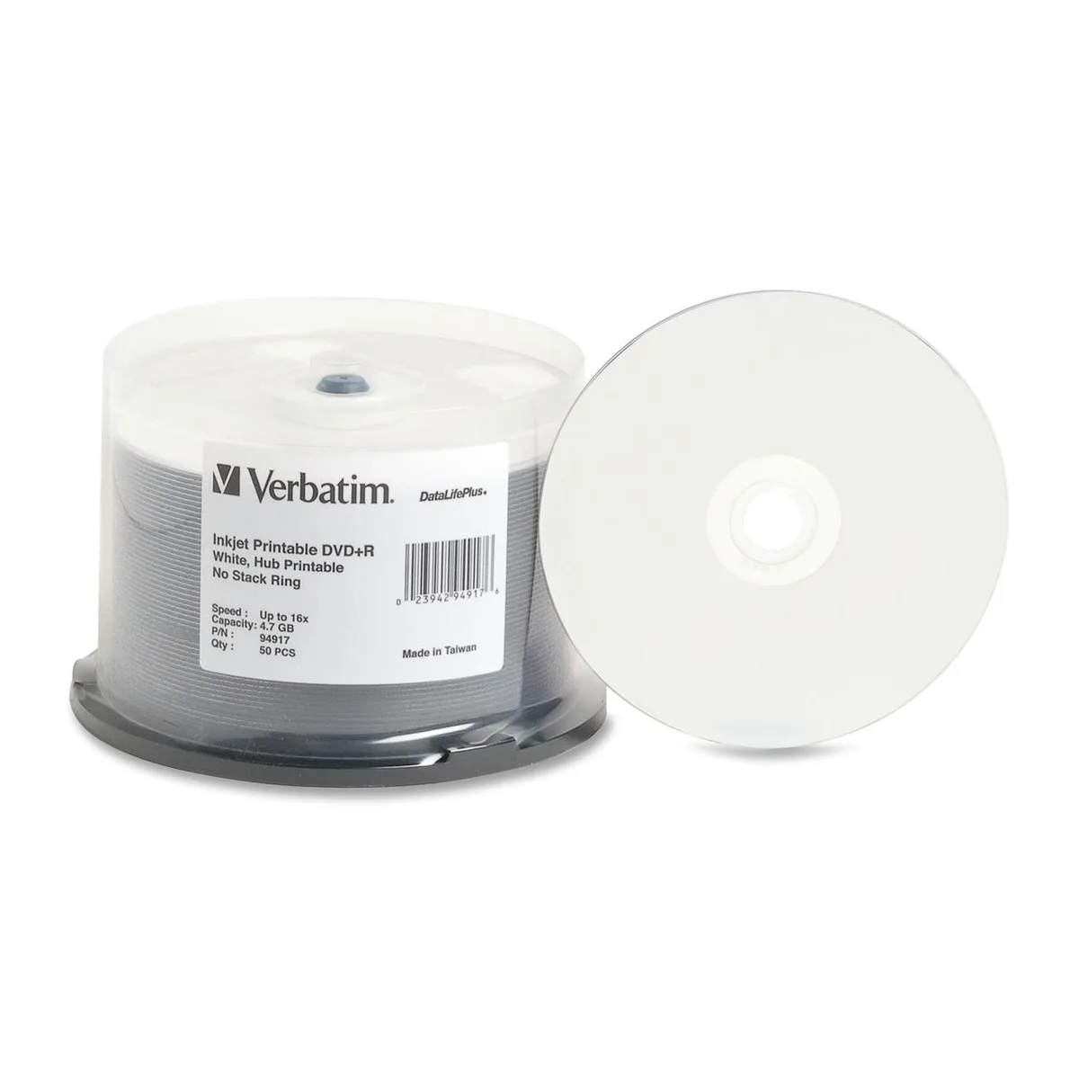 VERBATIM VERBATIM 94917 DVD+R 4.7 GB 16X 50 Pack Inkjet Printable White Spindle — product photo